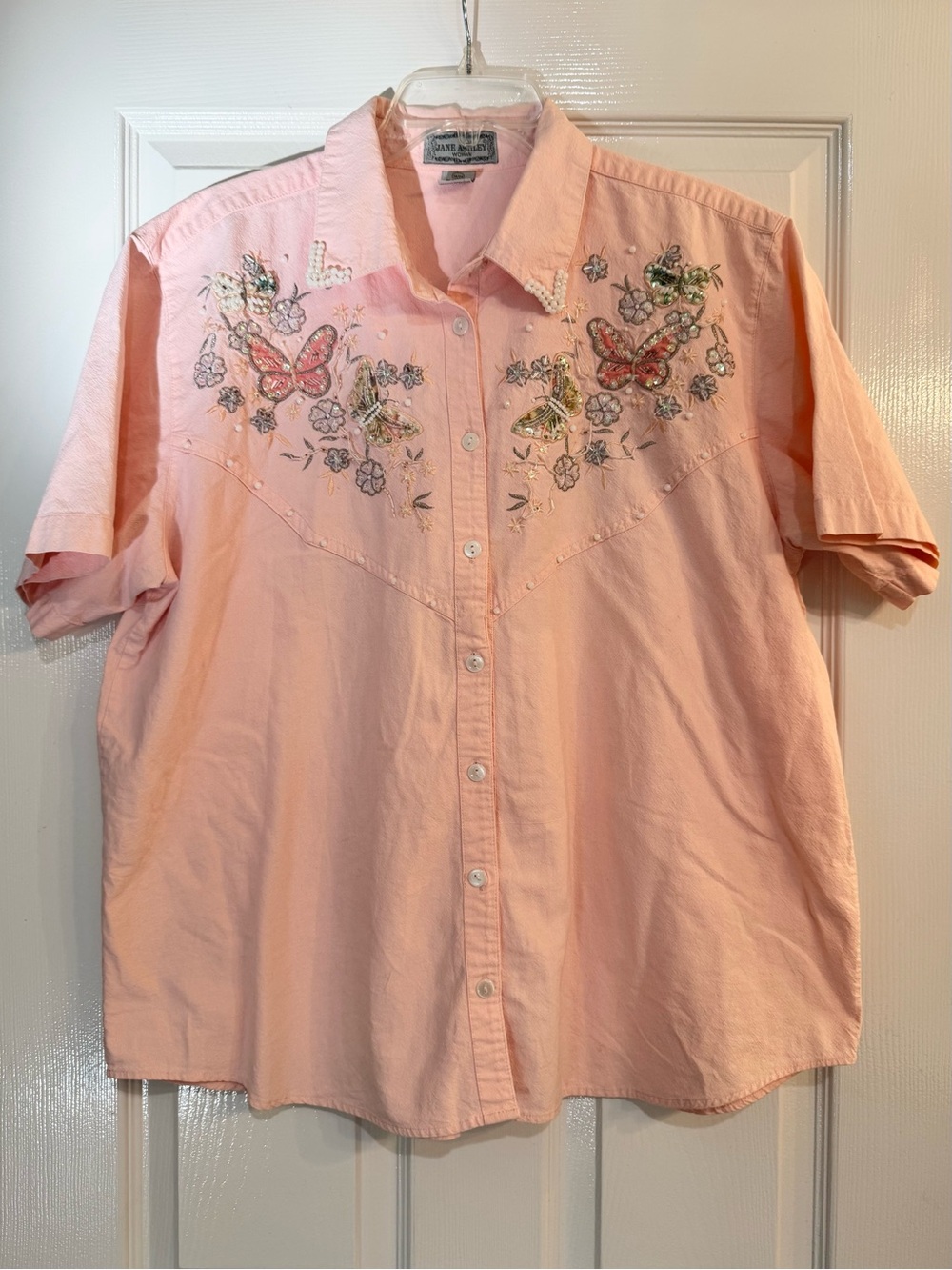 Vtg. Jane Ashley Country Core Embroidered and Beaded Pink Button-Down Shirt